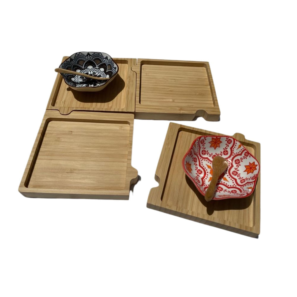 Petisqueira quadrada com 2 mini bowl e garfinhos