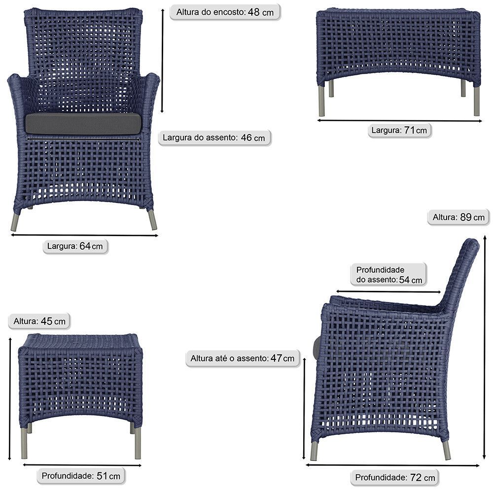 Encontraproduto.com.br - 2 Poltronas E 1 Mesa Igapó Alumínio Fendi Corda Náutica E11 Azul