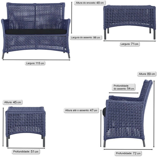 Encontraproduto.com.br - 1 Sofá E Mesa Igapó Alumínio Preta Corda Náutica E12 Trama Azul