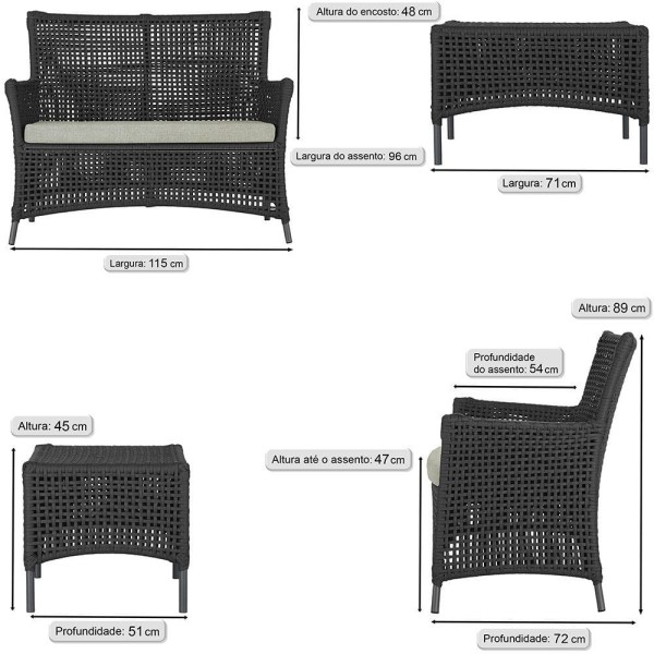 Encontraproduto.com.br - 2 Sofás E Mesa Igapó Alumínio Preta Corda Náutica E3 Trama Preto