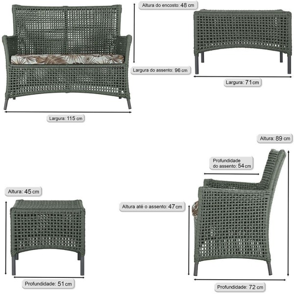 Encontraproduto.com.br - 2 Sofás E Mesa Igapó Alumínio Preta Corda Náutica E6 Trama Verde