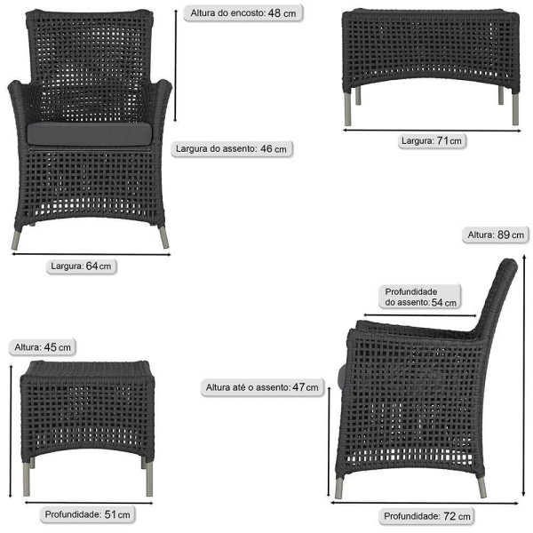 Encontraproduto.com.br - Jogo Sofá 2 Poltronas E Mesa Igapó Fendi E11 Trama Original Preto