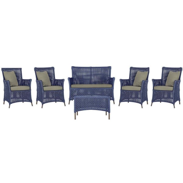 Encontraproduto.com.br - Jogo Sofá 4 Poltronas E Mesa Igapó Marrom E8 Trama Original Azul