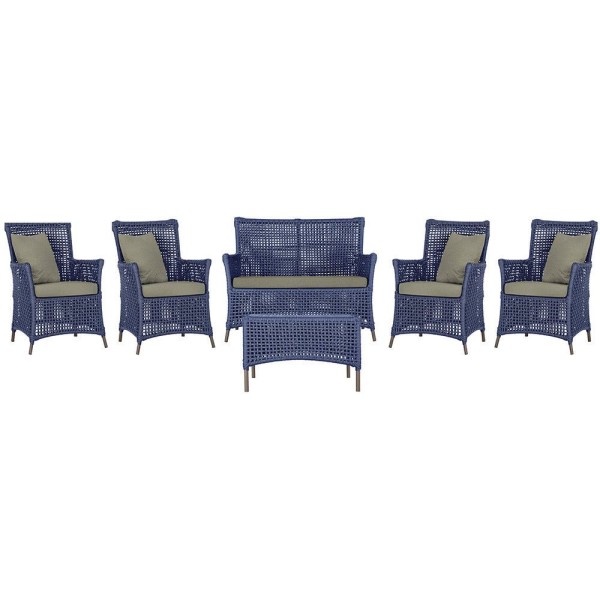 Encontraproduto.com.br - Jogo Sofá 4 Poltronas E Mesa Igapó Marrom E8 Trama Original Azul
