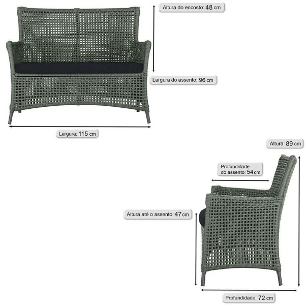 Encontraproduto.com.br - Jogo Sofá 4 Poltronas E Mesa Igapó Preta E12 Trama Original Verde