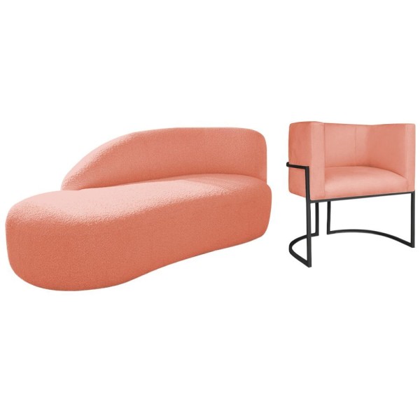 Kit Divã Luna 185cm Lado Esquerdo E 01 Poltrona Base De Ferro Preto Suede Cor Coral