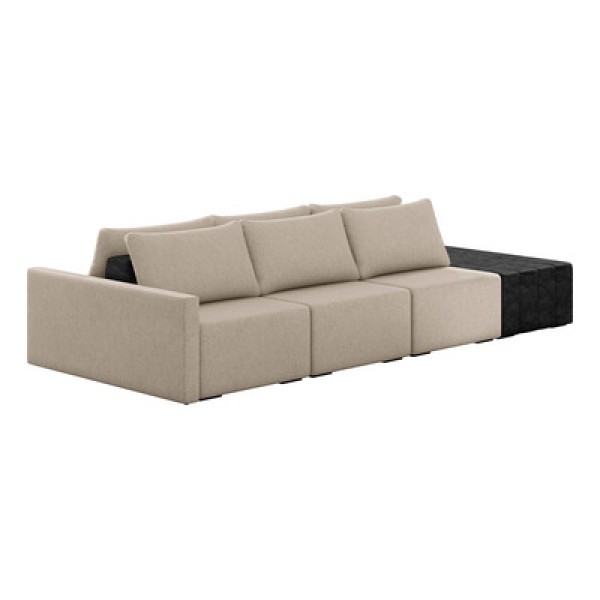 Sofá Ilha Modular Para Sala 342cm Com Puff Dublin K01 Linho Bege E Sintético Preto - Lyam Decor
