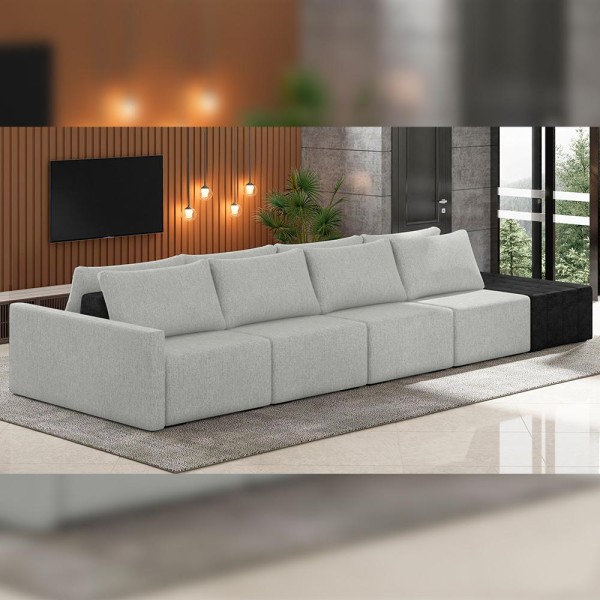 Encontraproduto.com.br - Sofá Ilha Modular Para Sala 432cm com Puff Dublin K01 Linho Cinza e Sintético Preto - Lyam Decor