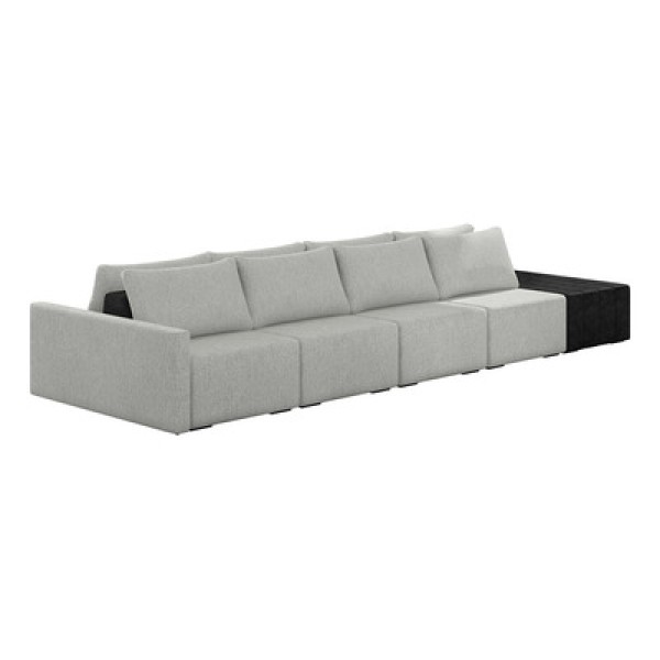 Encontraproduto.com.br - Sofá Ilha Modular Para Sala 432cm com Puff Dublin K01 Linho Cinza e Sintético Preto - Lyam Decor
