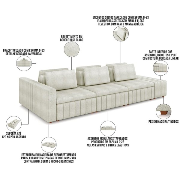 Encontraproduto.com.br - Sofá Ilha com Puff para Sala Living 395cm Amber M03 Bouclê Bege Claro - Lyam Decor