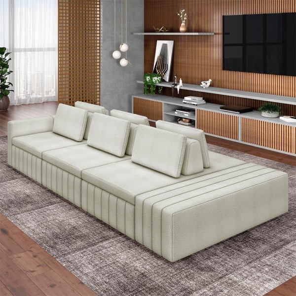 Encontraproduto.com.br - Sofá Ilha com Puff para Sala Living 395cm Amber M03 Bouclê Bege Claro - Lyam Decor