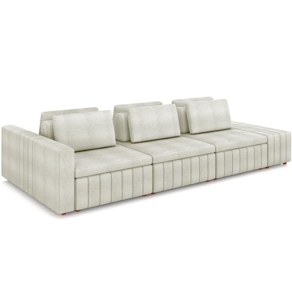 Encontraproduto.com.br - Sofá Ilha com Puff para Sala Living 395cm Amber M03 Bouclê Bege Claro - Lyam Decor