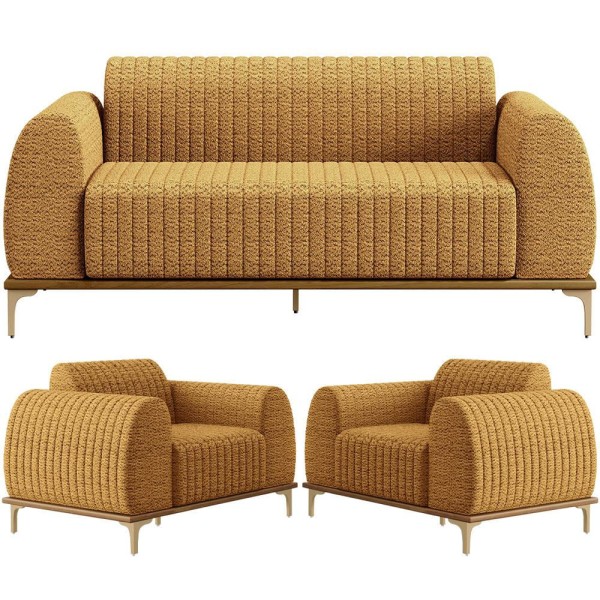 Encontraproduto.com.br - Kit Sofá 3 Lugares 180cm com 02 Poltronas Molino Base Castanho Pés Douro D02 Prime Bouclê Mostarda PB-03 - Lyam Decor