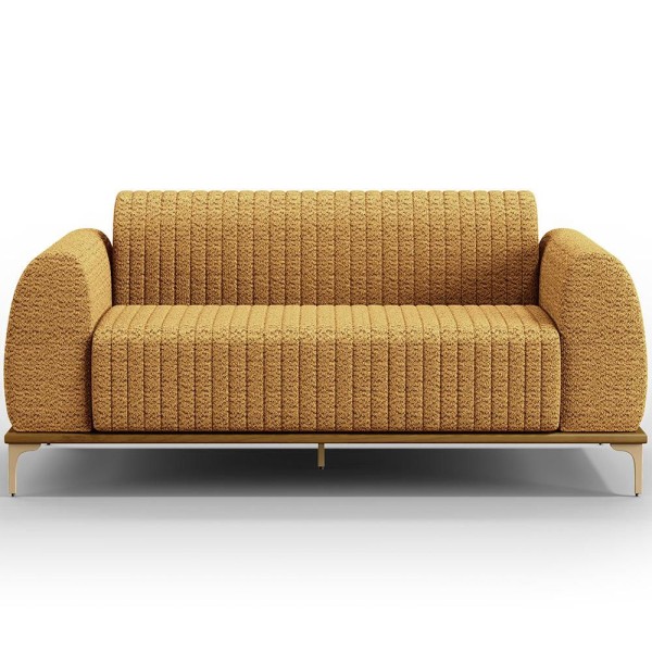 Encontraproduto.com.br - Kit Sofá 3 Lugares 180cm com 02 Poltronas Molino Base Castanho Pés Douro D02 Prime Bouclê Mostarda PB-03 - Lyam Decor