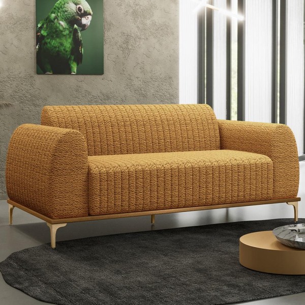 Encontraproduto.com.br - Kit Sofá 3 Lugares 180cm com 02 Poltronas Molino Base Castanho Pés Douro D02 Prime Bouclê Mostarda PB-03 - Lyam Decor