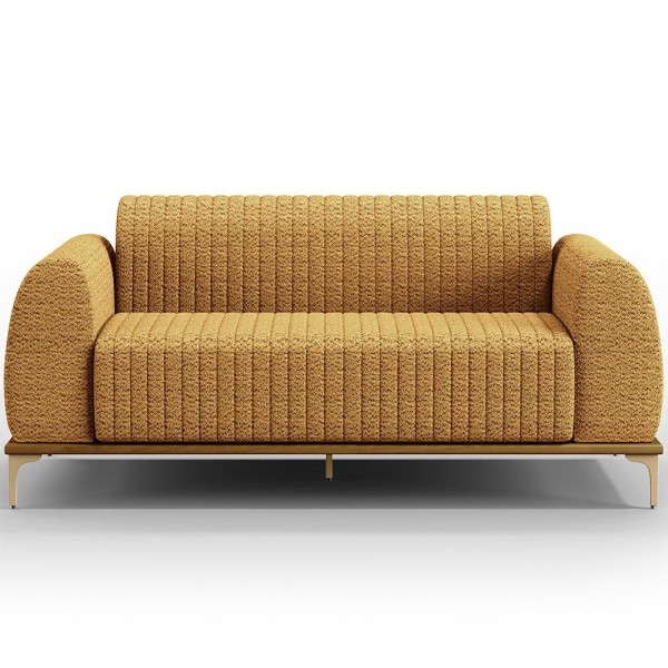 Encontraproduto.com.br - Kit Sofá 3 Lugares 180cm com 02 Poltronas Molino Base Castanho Pés Douro D02 Prime Bouclê Mostarda PB-03 - Lyam Decor