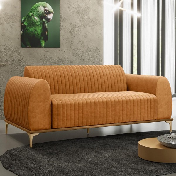 Encontraproduto.com.br - Kit Sofá 3 Lugares 210cm com 02 Poltronas Molino Base Castanho Pés Douro D02 Couríssimo Whisky B-90 - Lyam Decor
