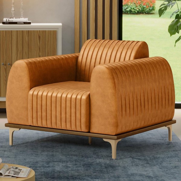Encontraproduto.com.br - Kit Sofá 3 Lugares 210cm com 02 Poltronas Molino Base Castanho Pés Douro D02 Couríssimo Whisky B-90 - Lyam Decor