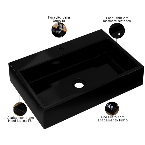 Encontraproduto.com.br - Cuba de Apoio Retangular Para Banheiro Lavabo Florenza C01 RT55W Preto - Lyam