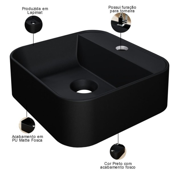 Encontraproduto.com.br - Cuba de Apoio Quadrada Para Banheiro Lavabo C01 QA31W Preto Matte Fosca - Lyam