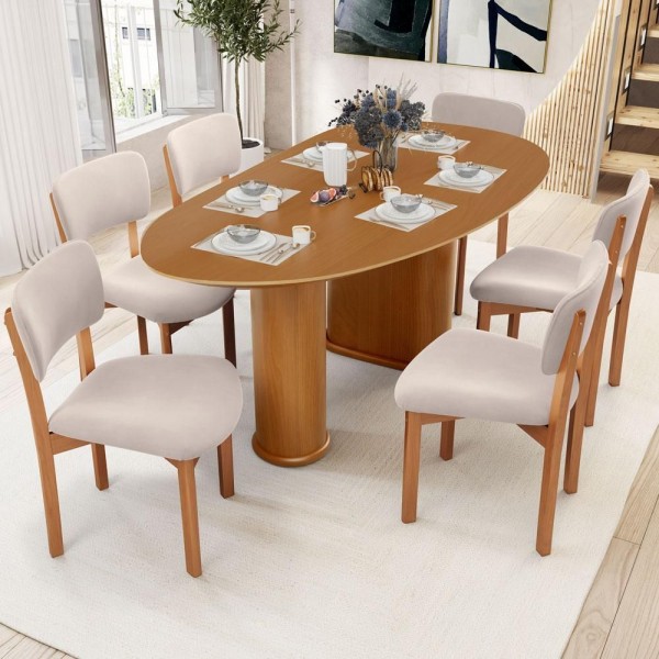 Encontraproduto.com.br - Mesa Para Sala De Jantar Ourense Com 06 Cadeiras Sala De Jantar Dara L02 Suede Bege - Lyam Decor