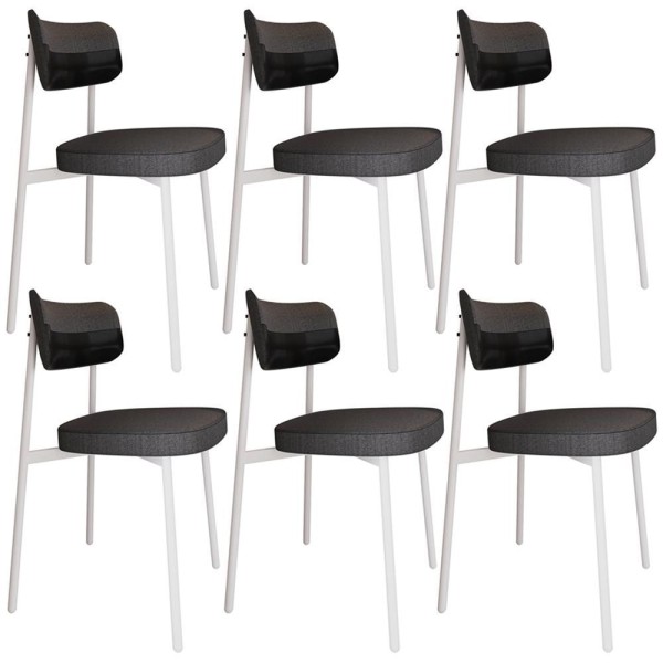 Kit 06 Cadeiras Estofada Para Sala De Jantar Astrid Branco C01 Linho Preto Courino Preto - Lyam Decor
