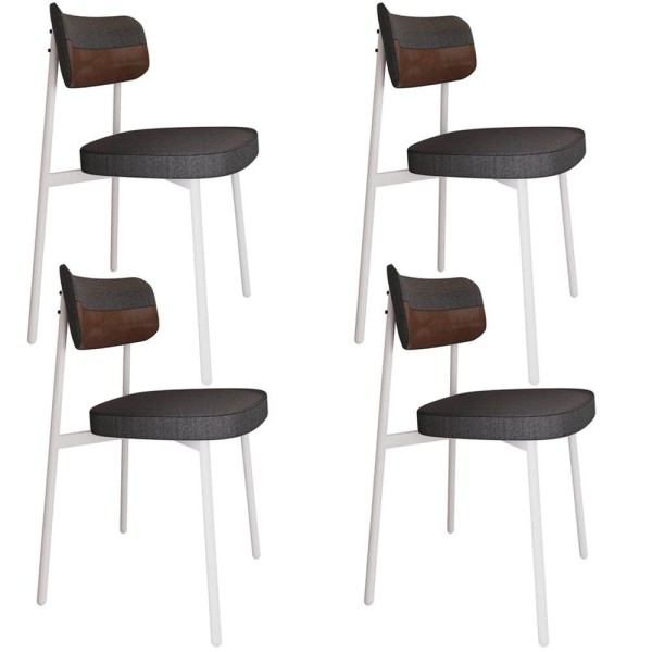 Kit 04 Cadeiras Estofada Para Sala De Jantar Astrid Branco C01 Linho Preto Courino Whisky - Lyam Decor