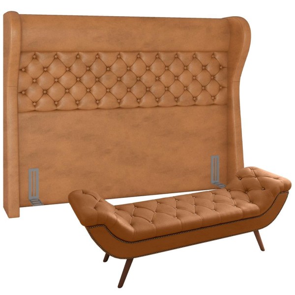 Encontraproduto.com.br - Kit Cabeceira Cama Box Casal 140 cm Madrid com Puff Recamier Santorini Couríssimo Whisky - Lyam Decor