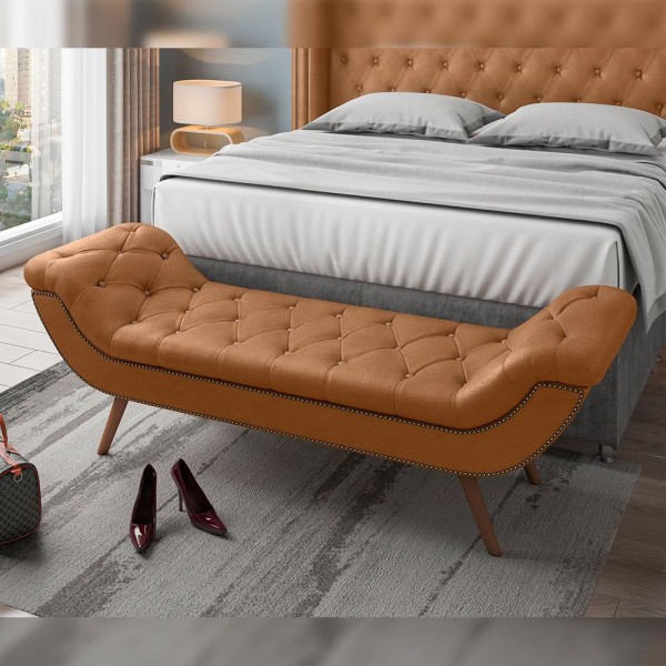 Encontraproduto.com.br - Kit Cabeceira Cama Box Casal 140 cm Madrid com Puff Recamier Santorini Couríssimo Whisky - Lyam Decor