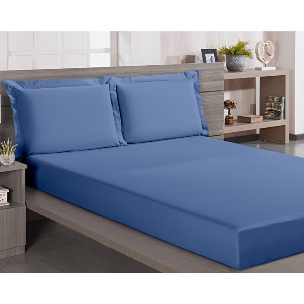 Encontraproduto.com.br - Lençol com Elástico Solteiro King Andreza Enxovais Linha Privilege Percal 200 fios Azul 1,00 x 2,00 x 0,30