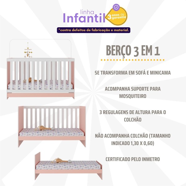 Encontraproduto.com.br - Berço 3 em 1 para Colchão 130 x 60cm Doce de Leite Multimóveis MP0527R Rosa