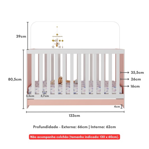 Encontraproduto.com.br - Berço 3 em 1 para Colchão 130 x 60cm Doce de Leite Multimóveis MP0527R Rosa