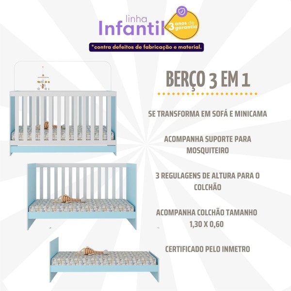 Encontraproduto.com.br - Berço 3 em 1 com Colchão Incluso Doce de Leite Multimóveis MP4244 Azul