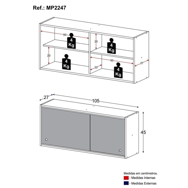 Encontraproduto.com.br - Armário de Cozinha Aéreo 105cm 2 Portas de Correr em Vidro Xangai Multimóveis MP2247