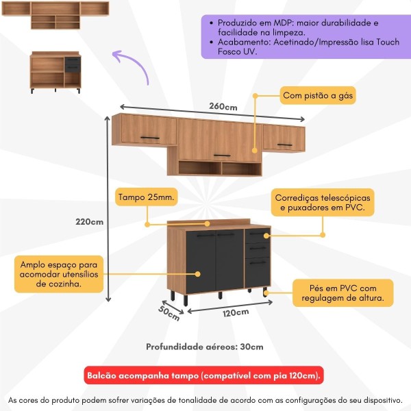 Encontraproduto.com.br - Armário de Cozinha Compacta Modulada 4 Peças com Balcão Havana Multimóveis CR20327