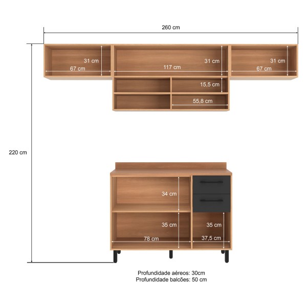 Encontraproduto.com.br - Armário de Cozinha Compacta Modulada 4 Peças com Balcão Havana Multimóveis CR20327