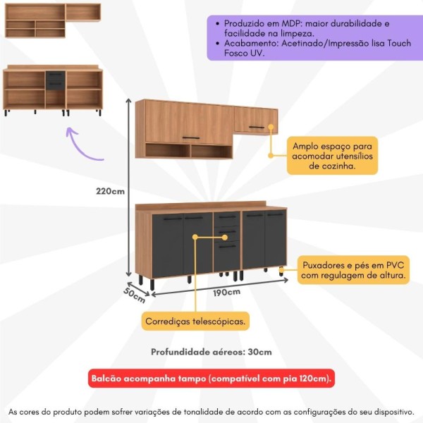 Encontraproduto.com.br - Armário de Cozinha Compacta Modulada 4 Peças com Balcão Havana Multimóveis CR20337