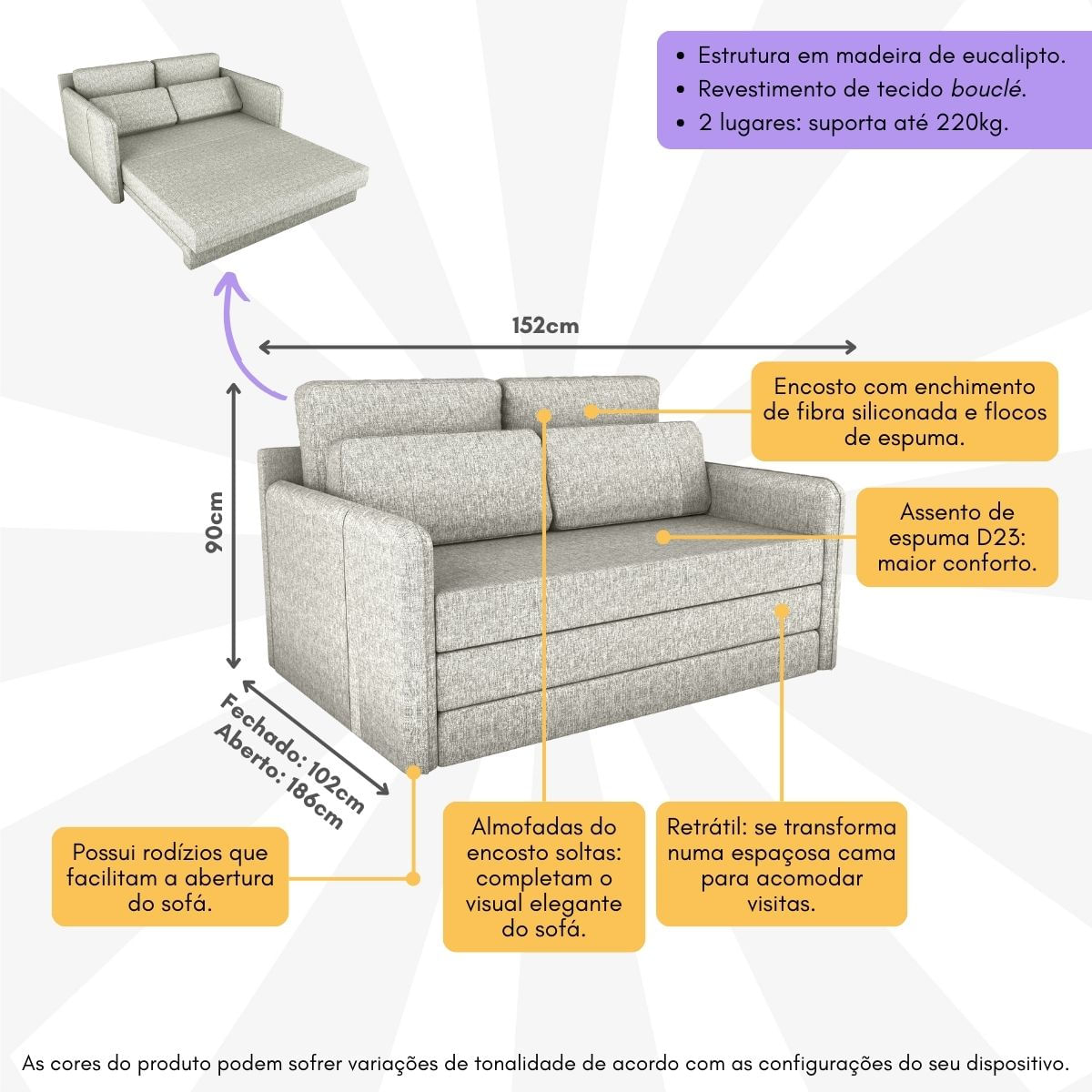 Encontraproduto.com.br - Sofá-Cama 152cm 2 Lugares com Tecido Bouclé Multimóveis CR45256