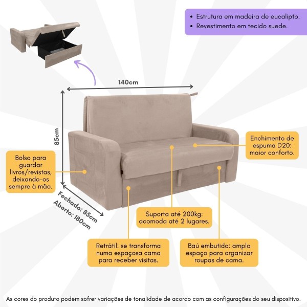 Encontraproduto.com.br - Sofá-Cama 140cm 2 Lugares com Baú Multimóveis CR45260 Bege
