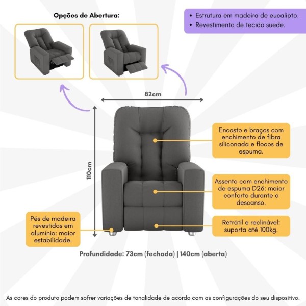Encontraproduto.com.br - Poltrona Retrátil e Reclinável 82cm Com Tecido Suede Multimóveis Cr45261 Cinza