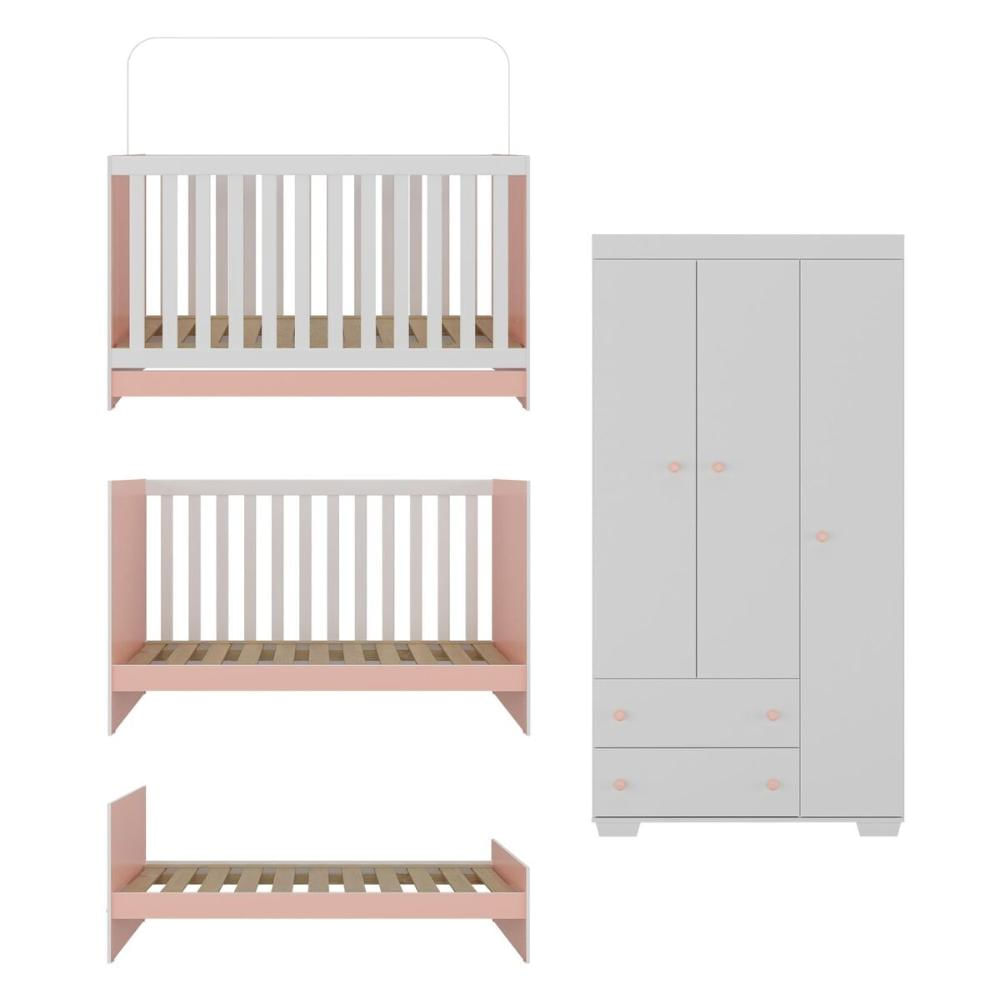 Encontraproduto.com.br - Quarto Infantil com Berço 3 em 1 e Guarda-Roupas Algodão Doce Multimóveis MP4247 Branco/Rosa