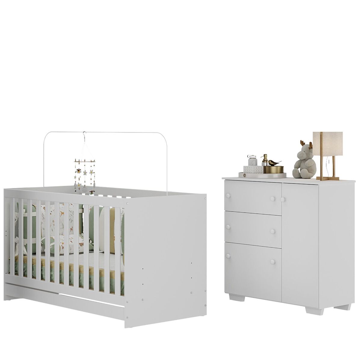 Encontraproduto.com.br - Quarto Infantil com Berço Colchão Incluso e Cômoda Algodão Doce Multimóveis MP4250 Branco