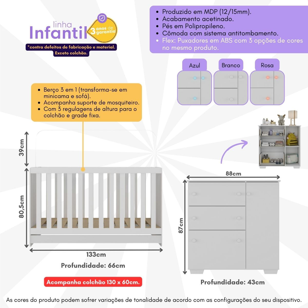 Encontraproduto.com.br - Quarto Infantil com Berço Colchão Incluso e Cômoda Algodão Doce Multimóveis MP4250 Branco