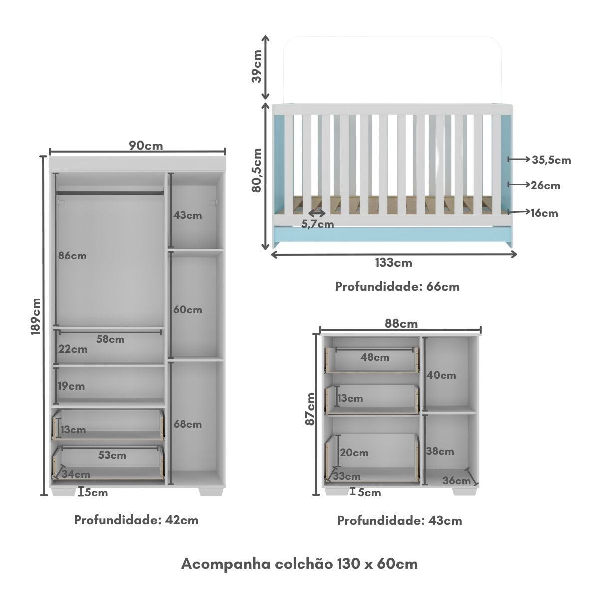 Encontraproduto.com.br - Quarto Infantil Completo com Colchão Incluso Algodão Doce Multimóveis MP4253 Branco/Azul
