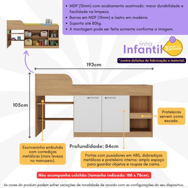 Encontraproduto.com.br - Cama Solteiro Multifuncional para Colchão 188 x 78cm com 2 Portas e Escrivaninha Multimóveis MP4230 Branco