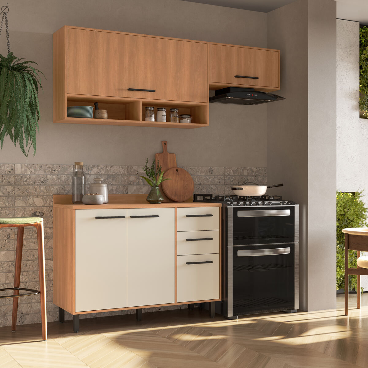 Encontraproduto.com.br - Armário de Cozinha Compacta Modulada 3 Peças com Balcão Havana Multimóveis CR20325