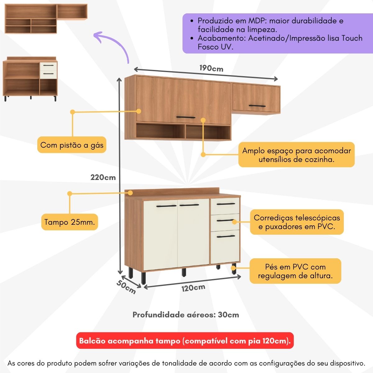 Encontraproduto.com.br - Armário de Cozinha Compacta Modulada 3 Peças com Balcão Havana Multimóveis CR20325