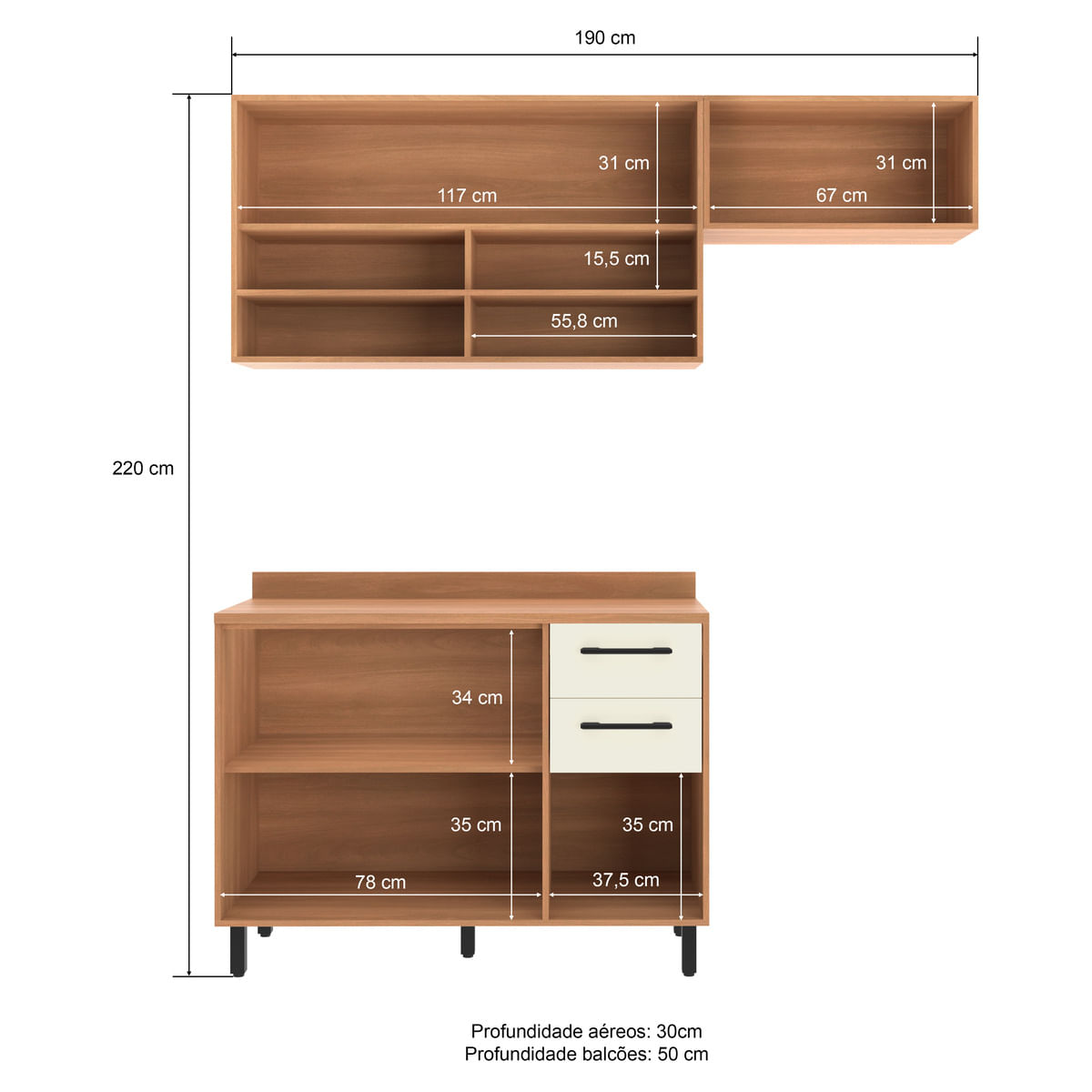 Encontraproduto.com.br - Armário de Cozinha Compacta Modulada 3 Peças com Balcão Havana Multimóveis CR20325
