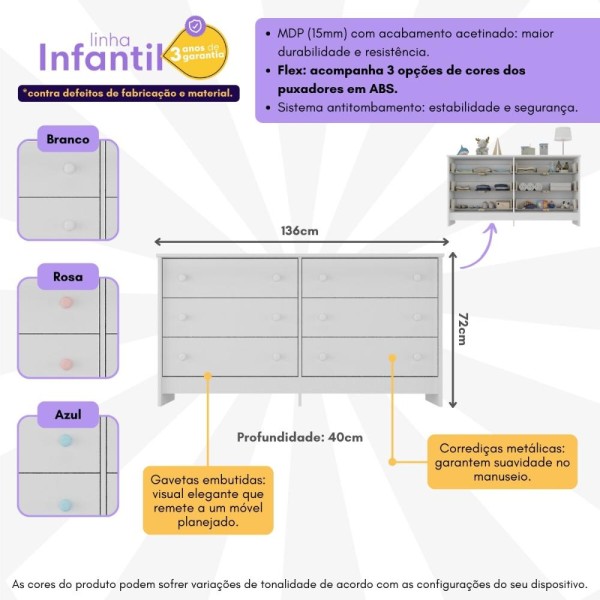 Encontraproduto.com.br - Cômoda Infantil 136cm com 6 Gavetas Flex Multimóveis MP4262