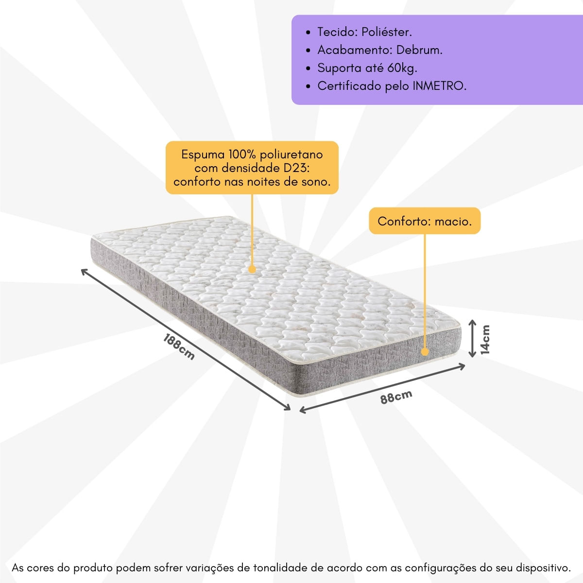 Encontraproduto.com.br - Colchão de Solteiro com Espuma D23 88x188cm Inducol CR451B Cinza